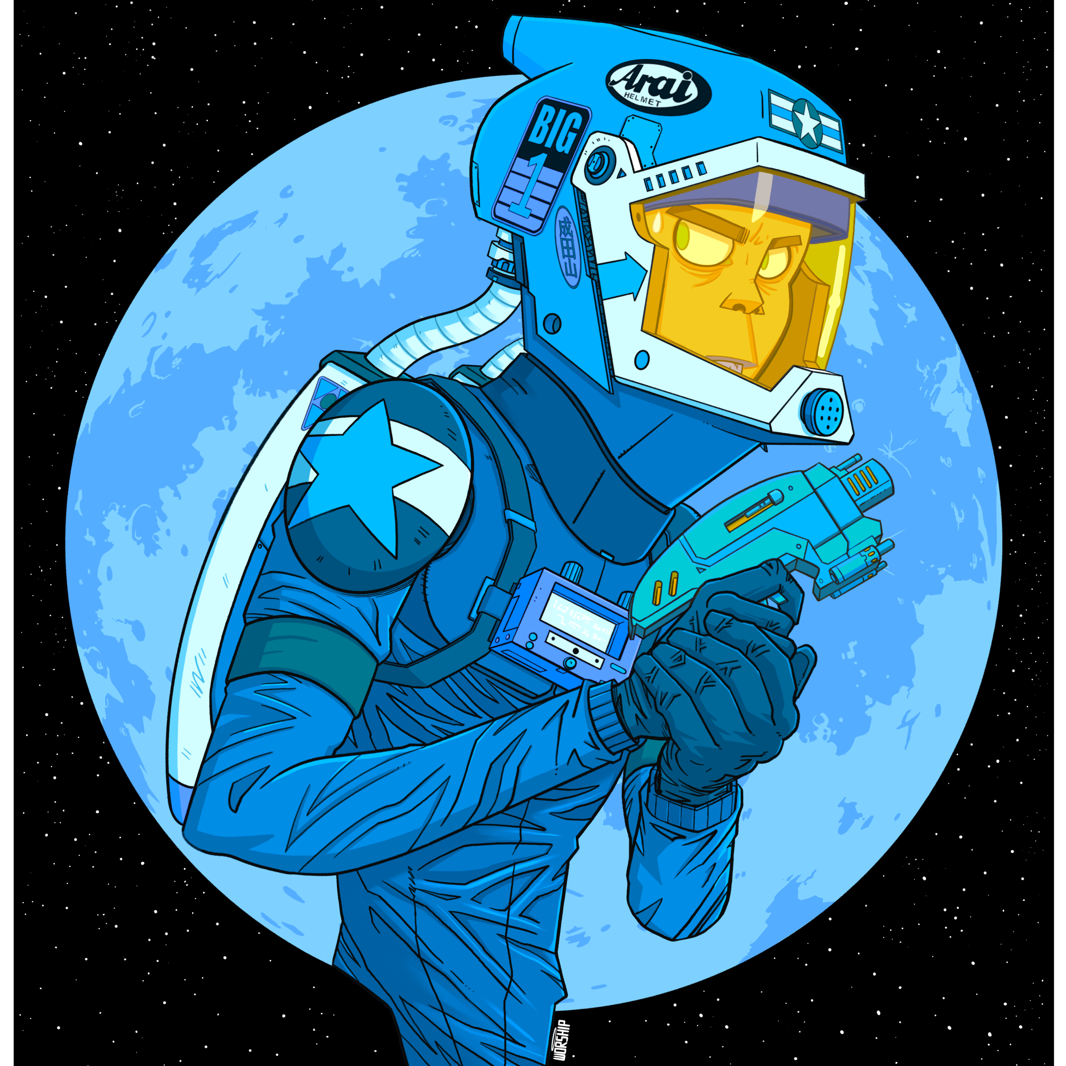 Unique art design with Gorillaz, Anime, Manga, Comic Art style. Space warrior with futuristic ray gun.