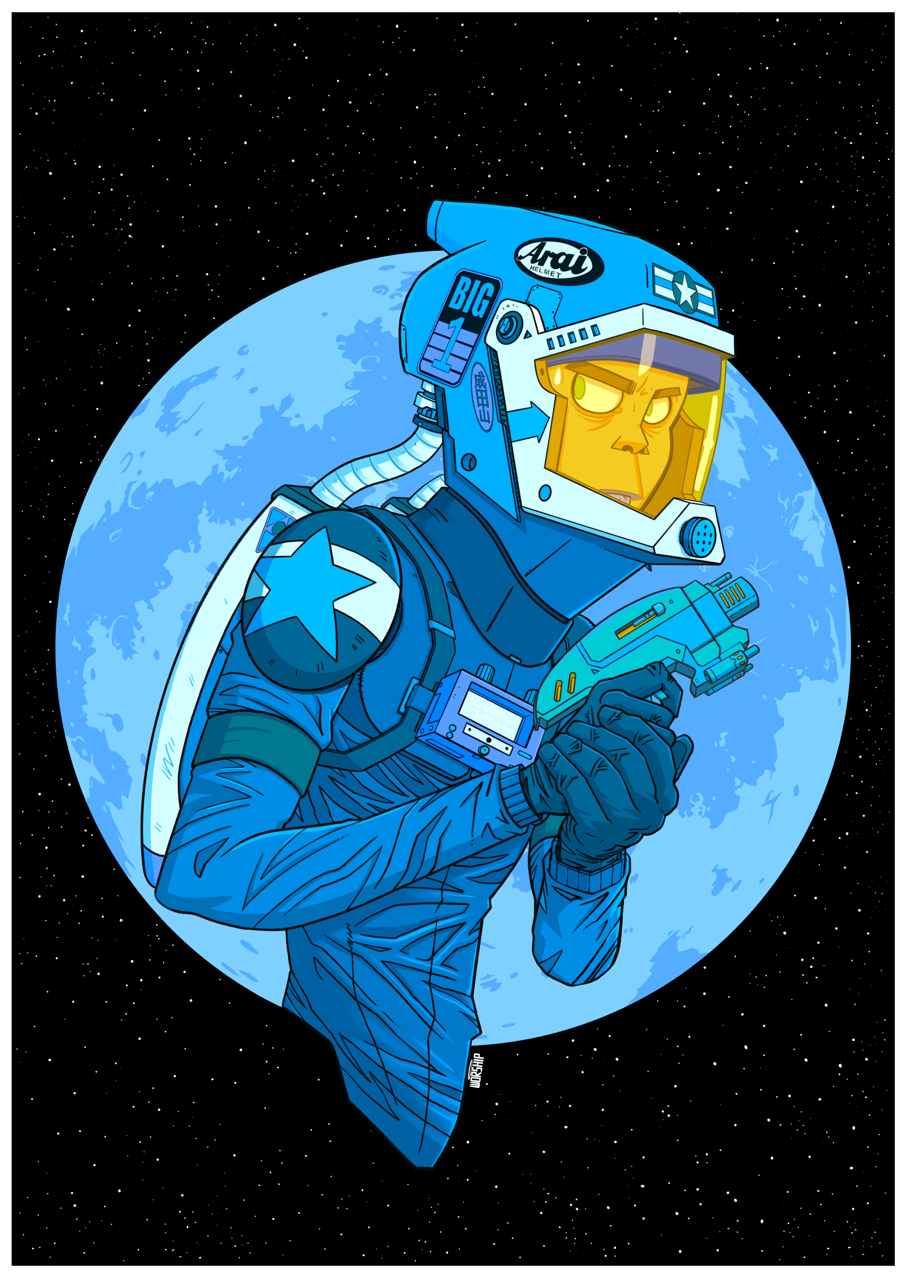 Unique art design with Gorillaz, Anime, Manga, Comic Art style. Space warrior with futuristic ray gun.