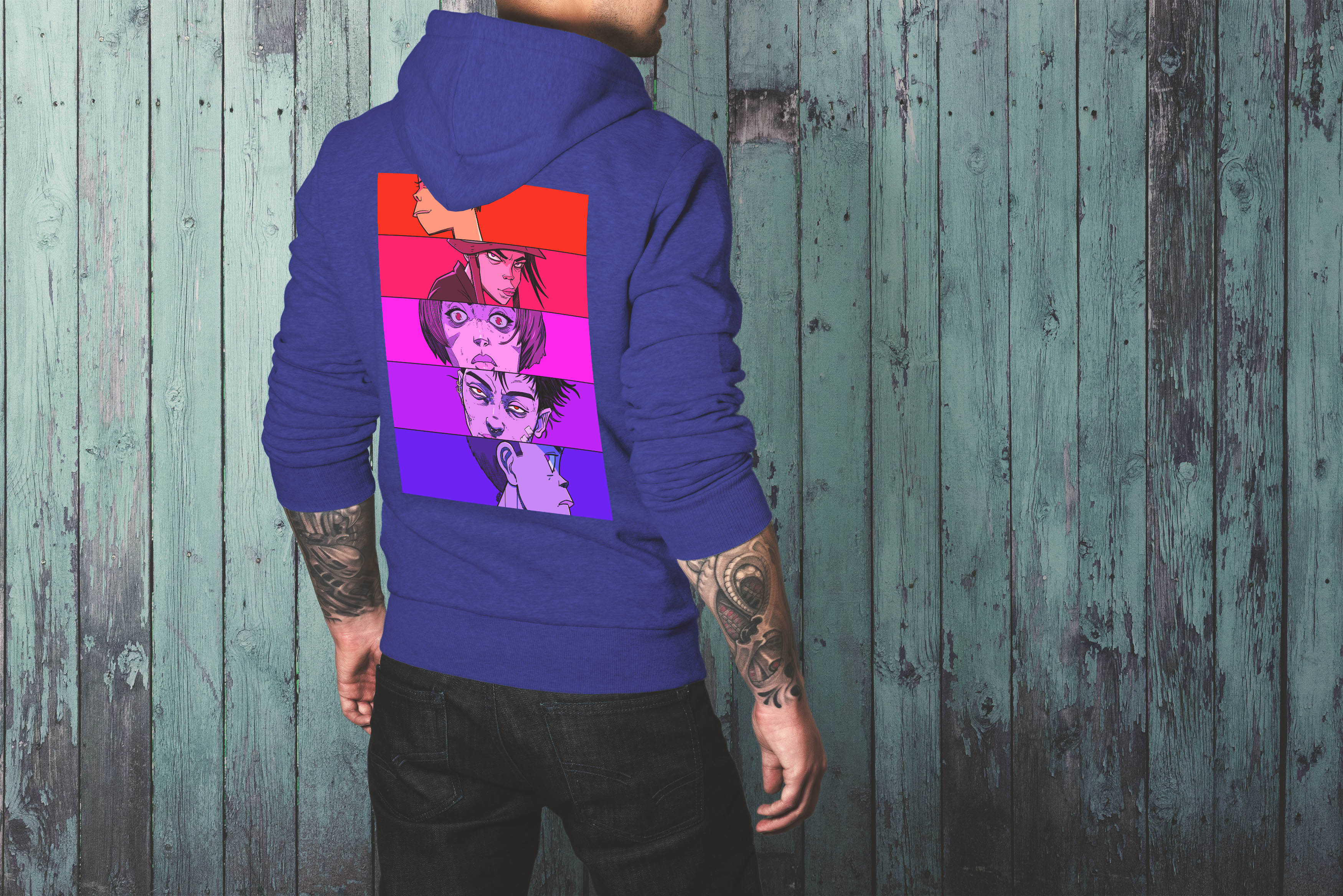 Unique and cool Gorillaz-style Anime faces Hoodie illustration