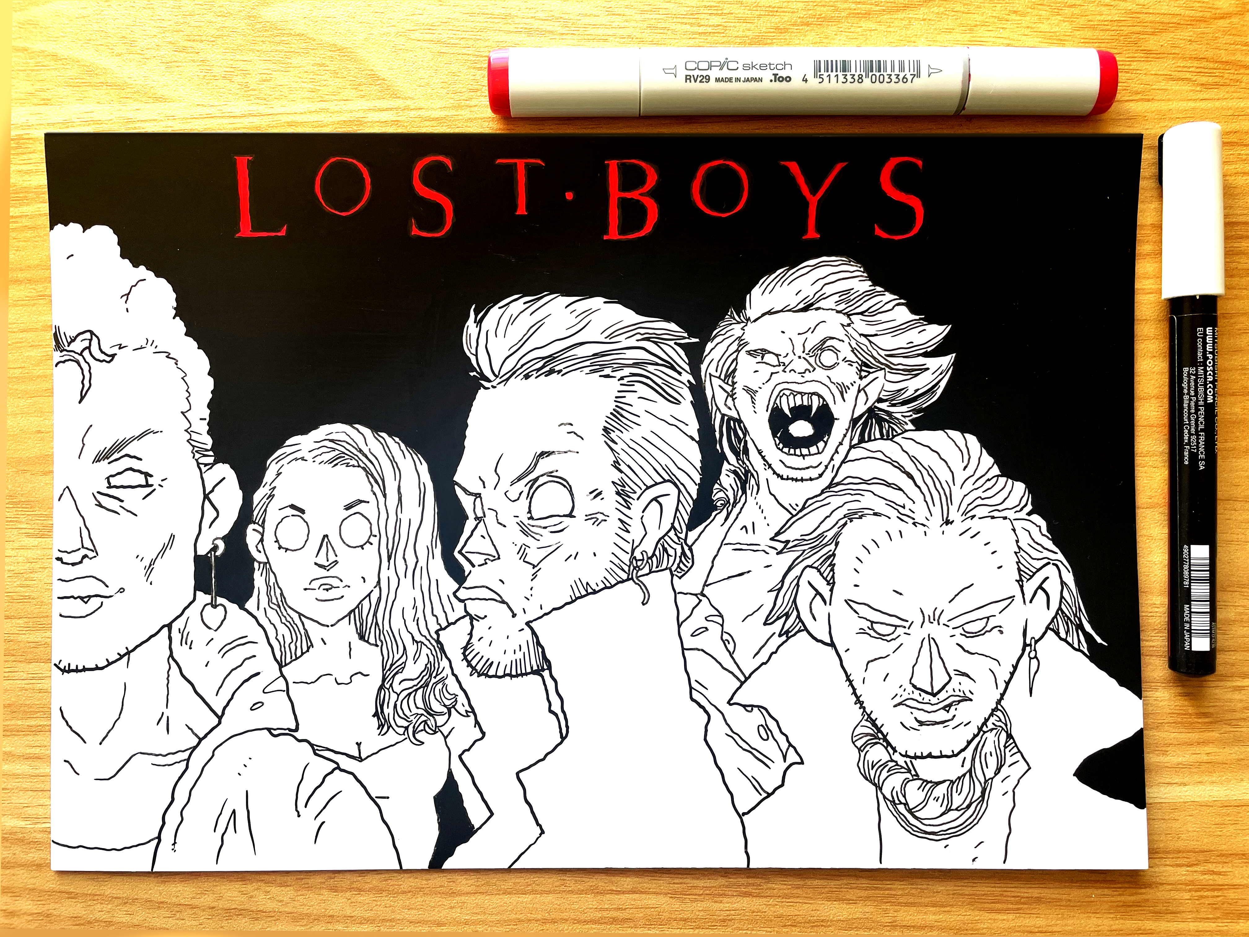 Unique and cool lost boys Gorillaz-style anime faces  pen and ink original art illustration