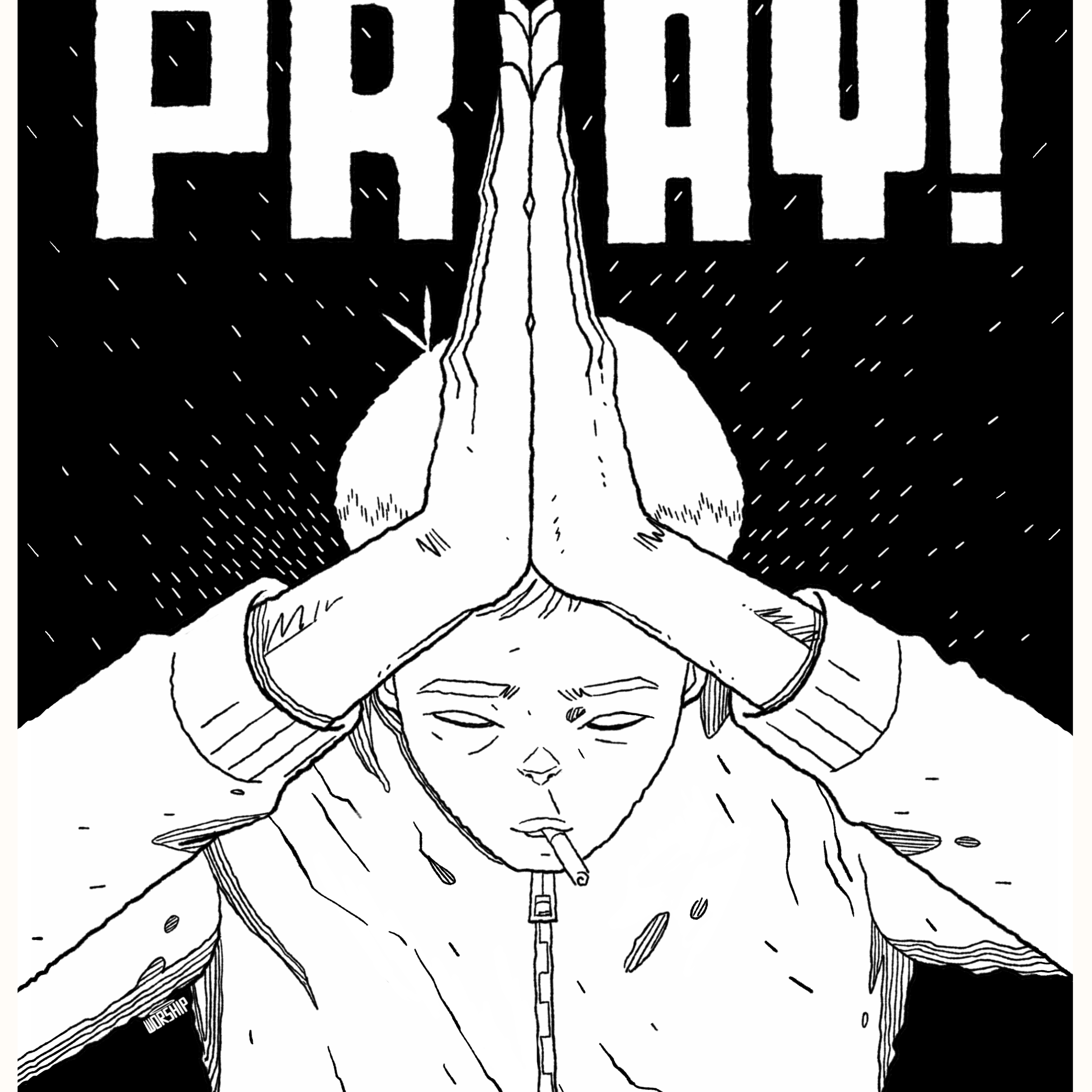 Unique art design with Gorillaz, Anime, Manga, Comic Art style. Religion. Pray