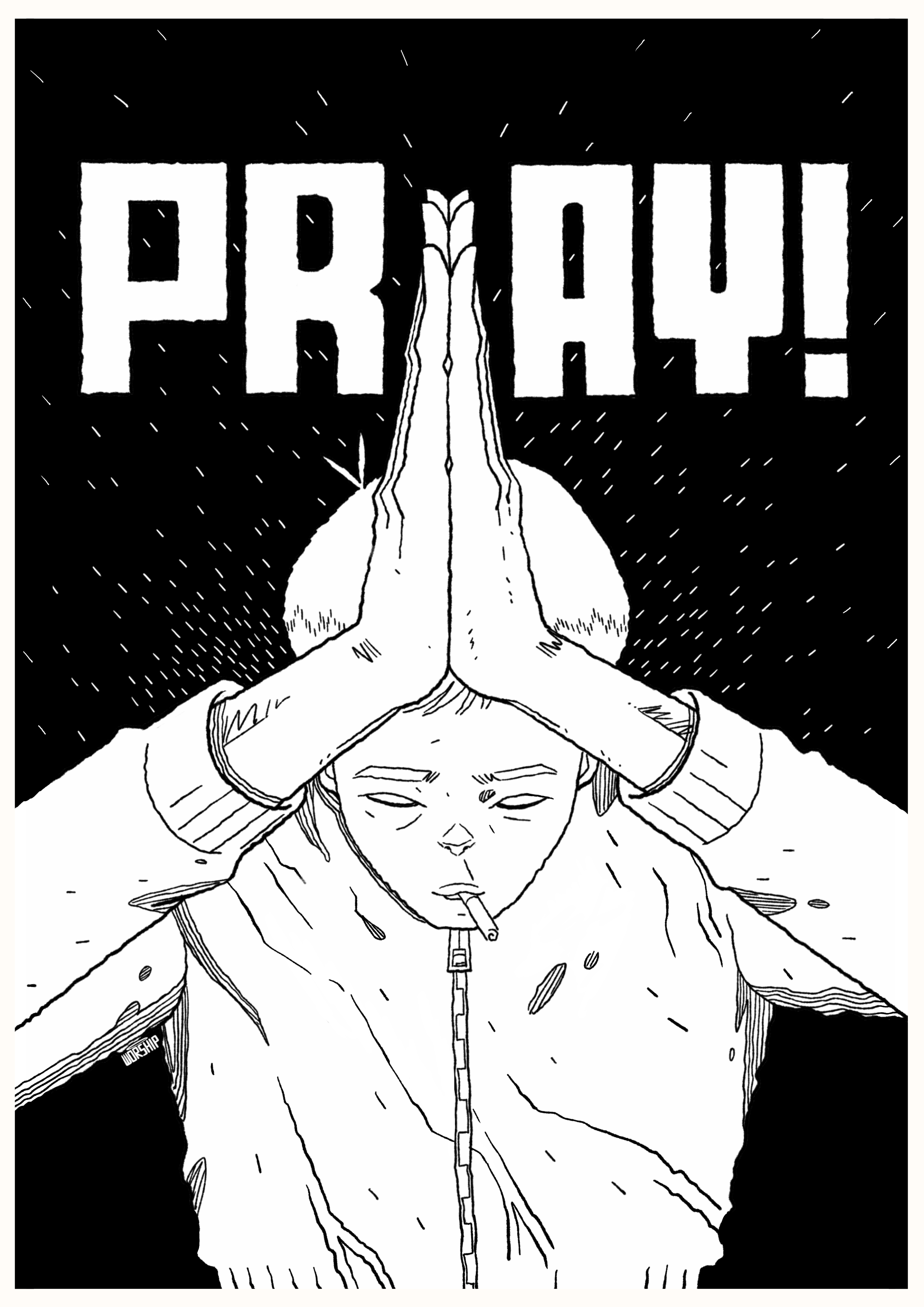 Unique art design with Gorillaz, Anime, Manga, Comic Art style. Religion. Pray