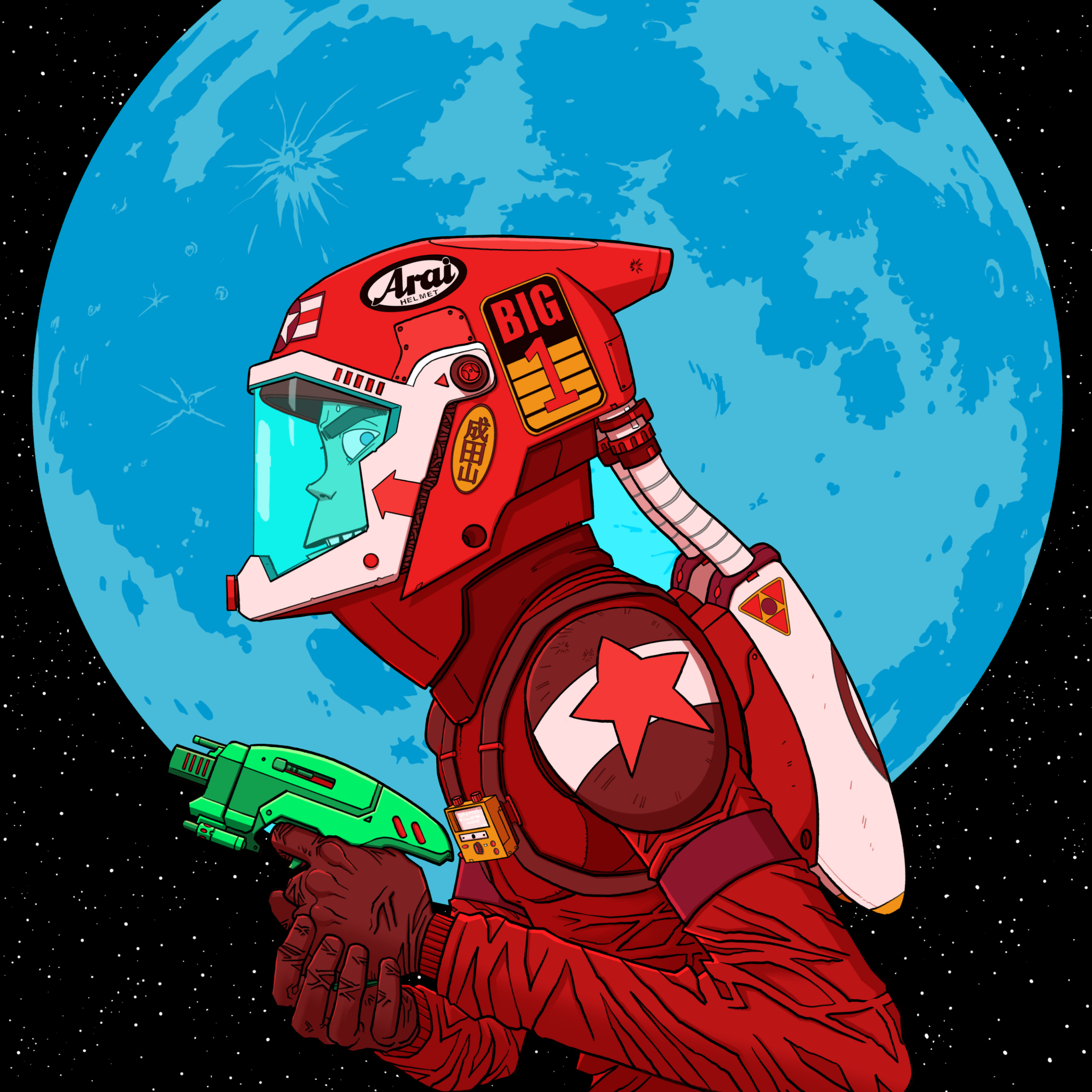 unique art design with Gorillaz, Anime, Manga, Comic Art style. Futuristic ray gun warrior