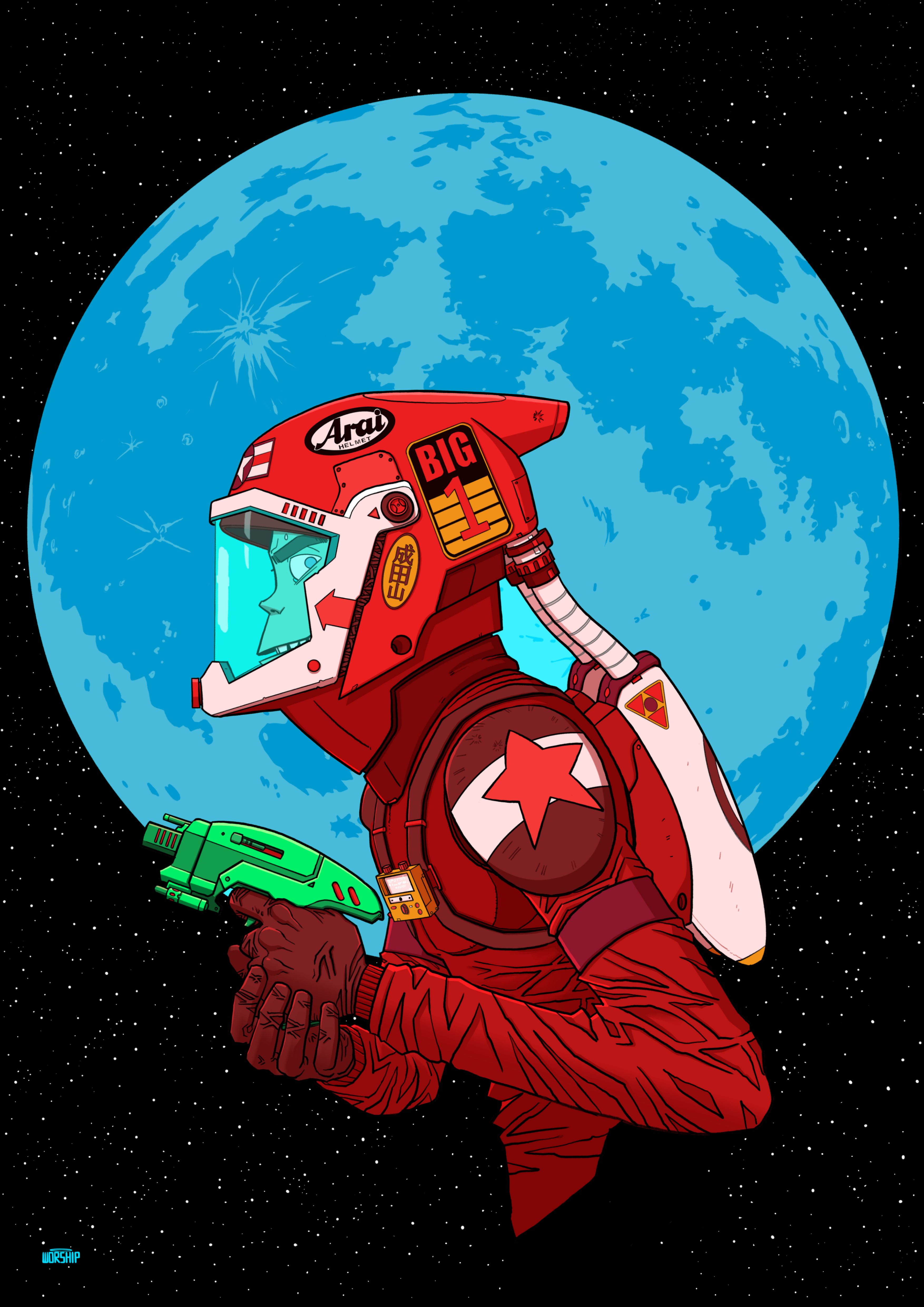 unique art design with Gorillaz, Anime, Manga, Comic Art style. Futuristic ray gun warrior