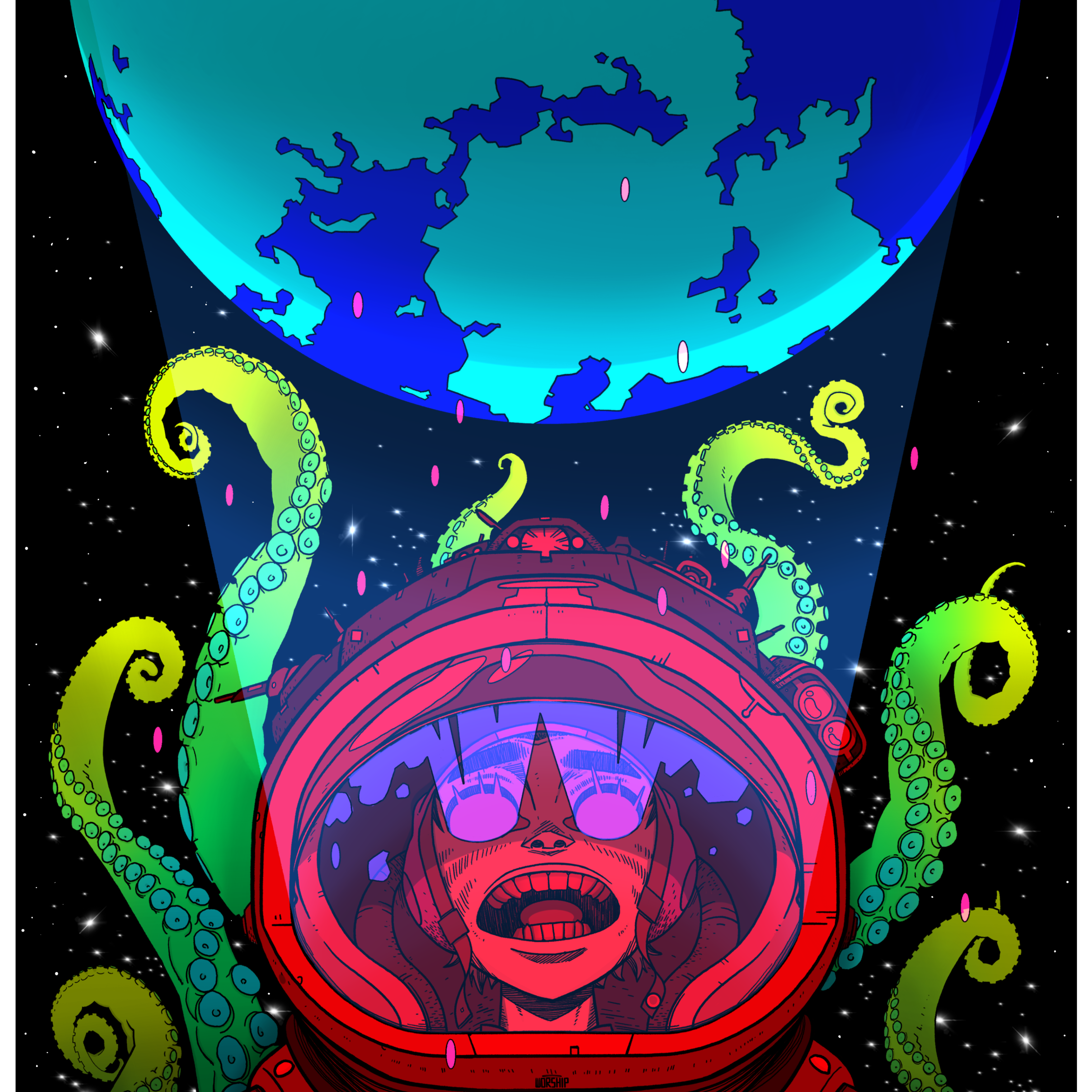 unique art design with Gorillaz, Anime, Manga, Comic Art style. 2-D, Cosmic