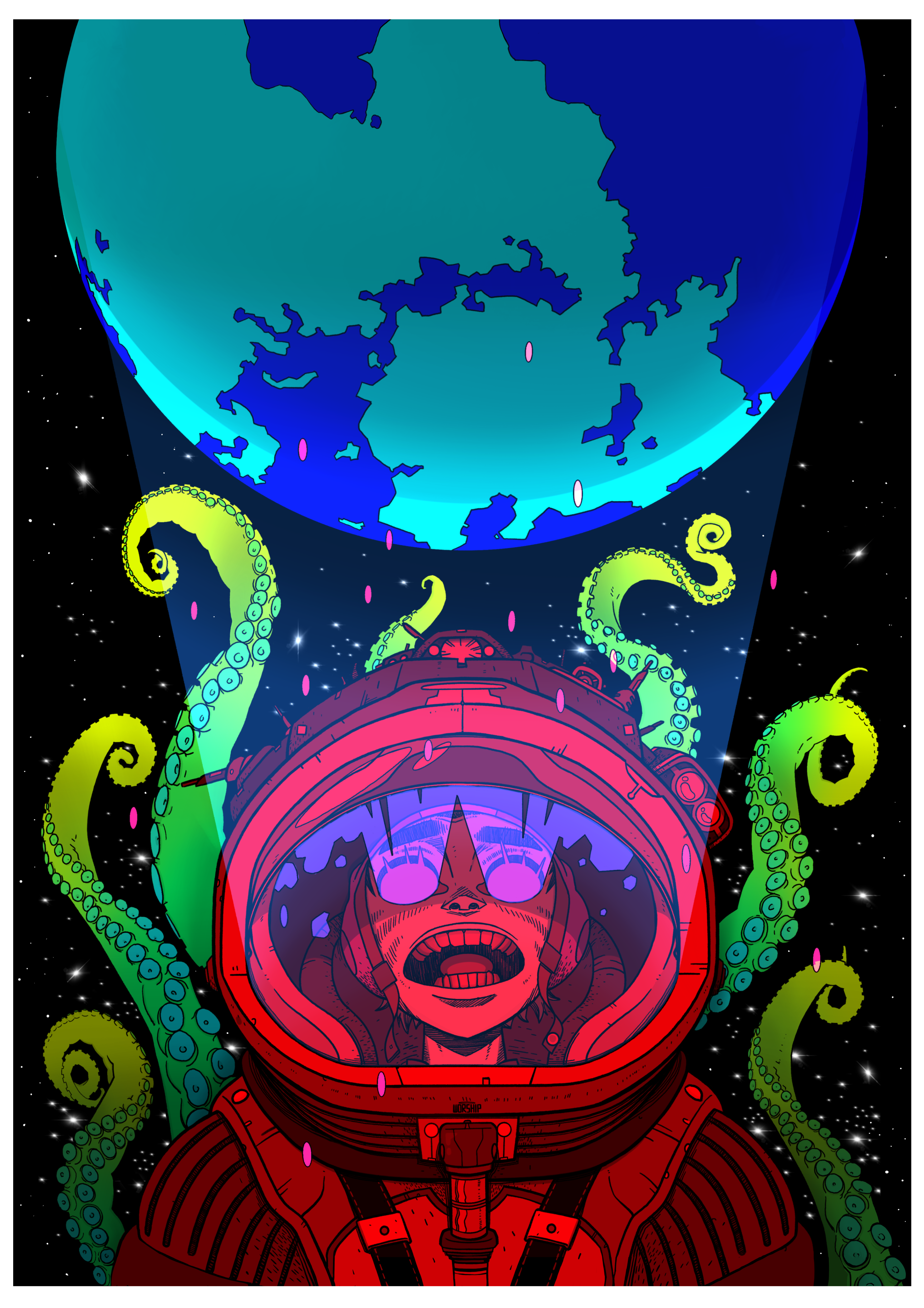 unique art design with Gorillaz, Anime, Manga, Comic Art style. 2-D, Cosmic