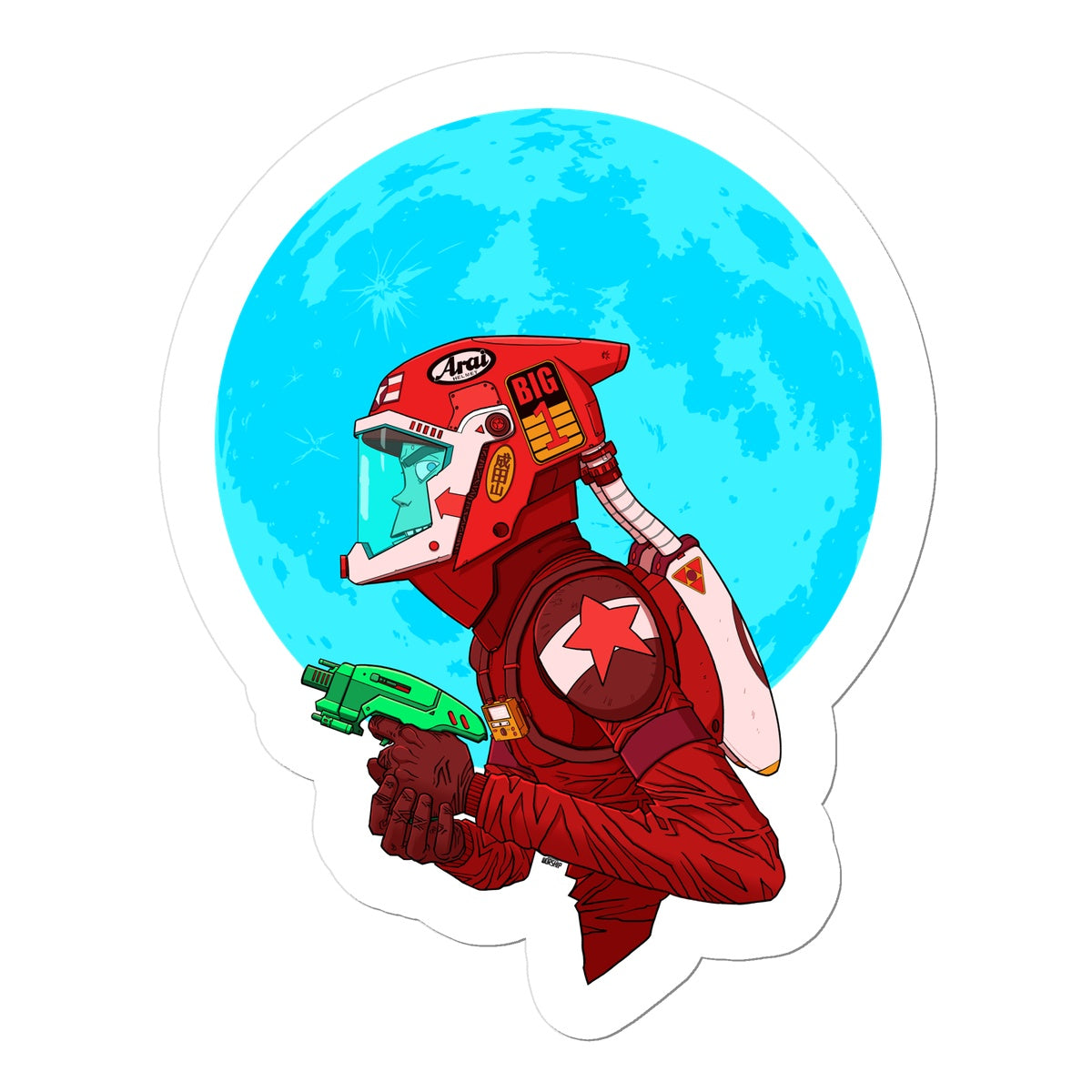 Unique and cool Gorillaz-style retro sci-fi sticker illustration