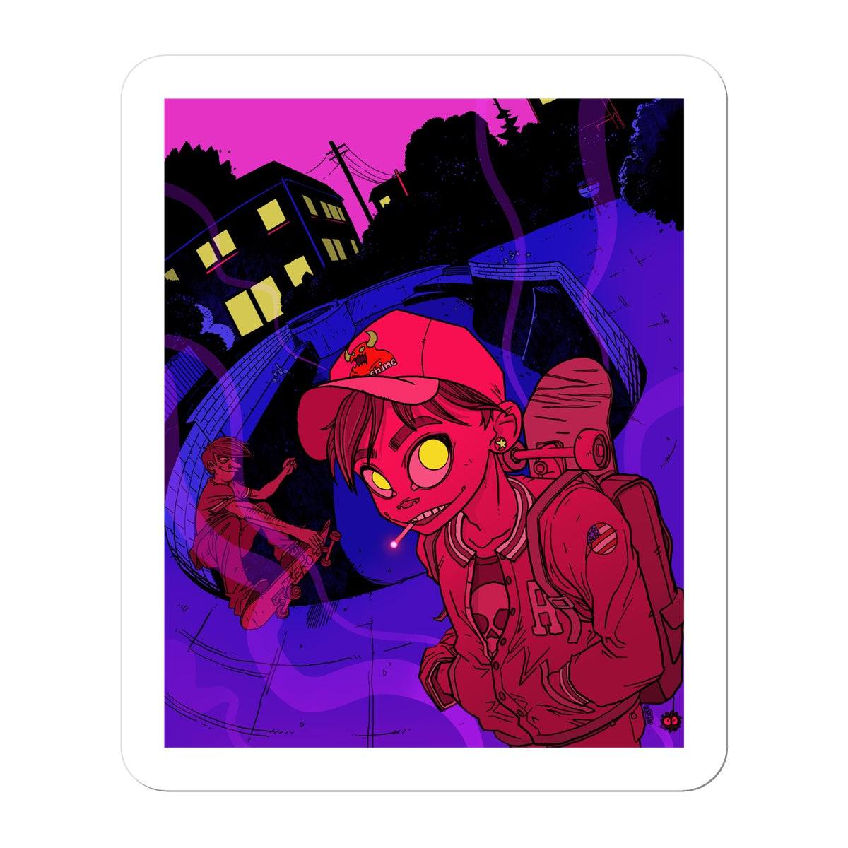 Unique and cool Gorillaz-style skate sticker illustration