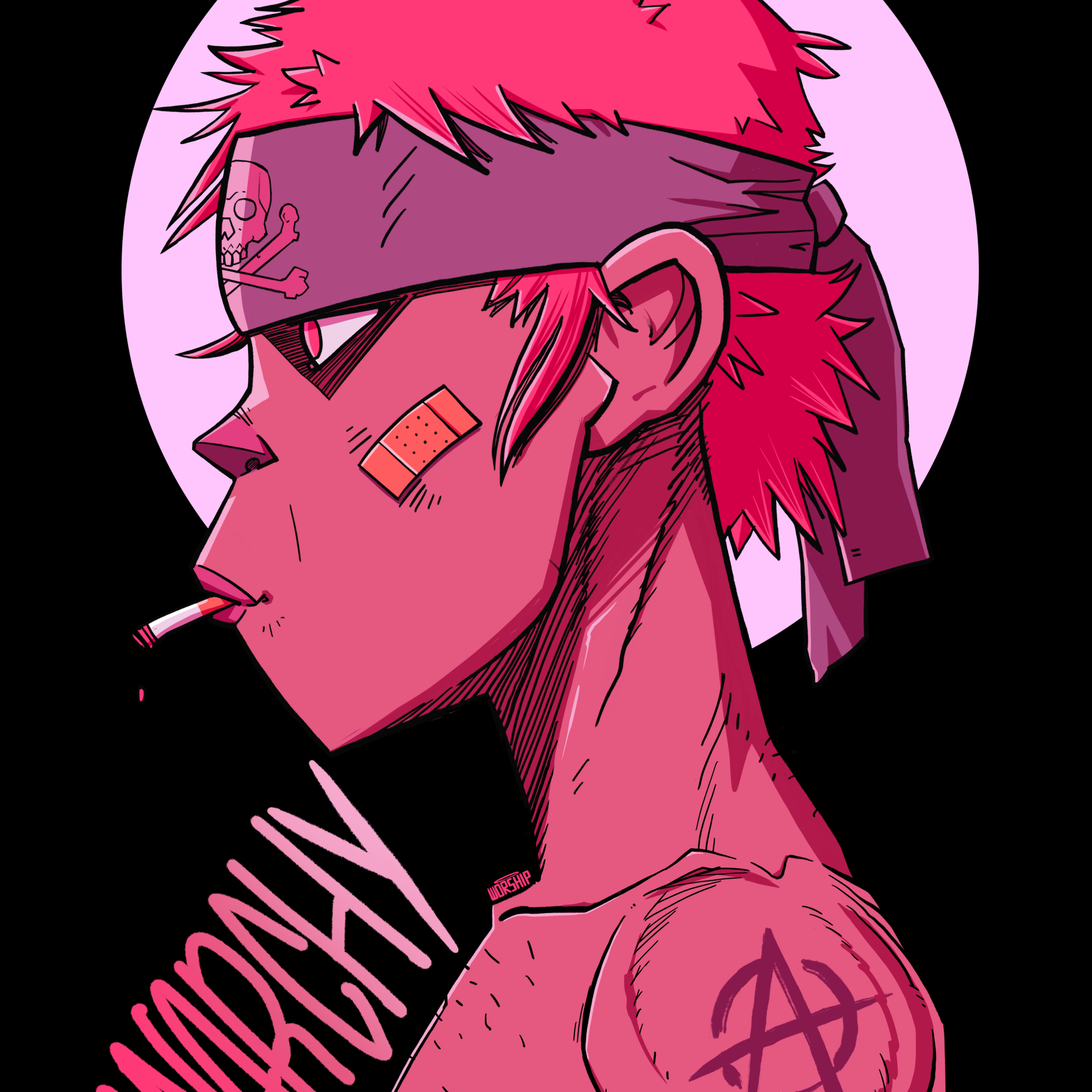 Unique art design with Gorillaz, Anime, Manga, Comic Art style. 