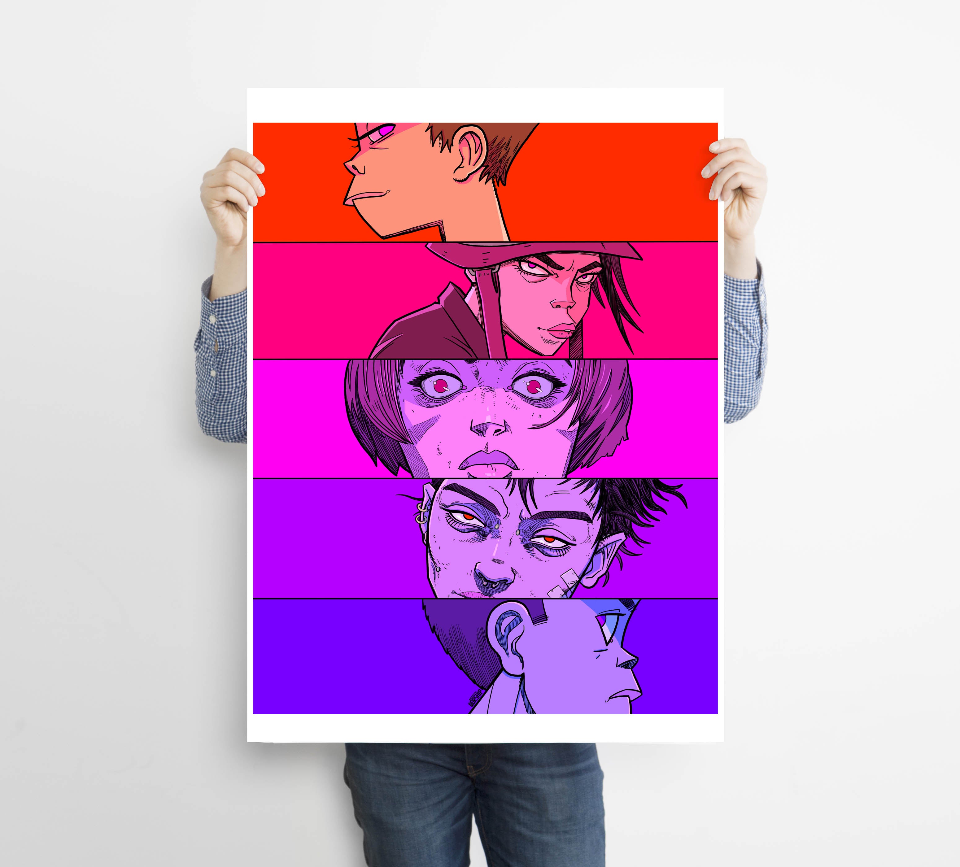 Unique and cool Gorillaz-style anime faces poster/wall art illustration