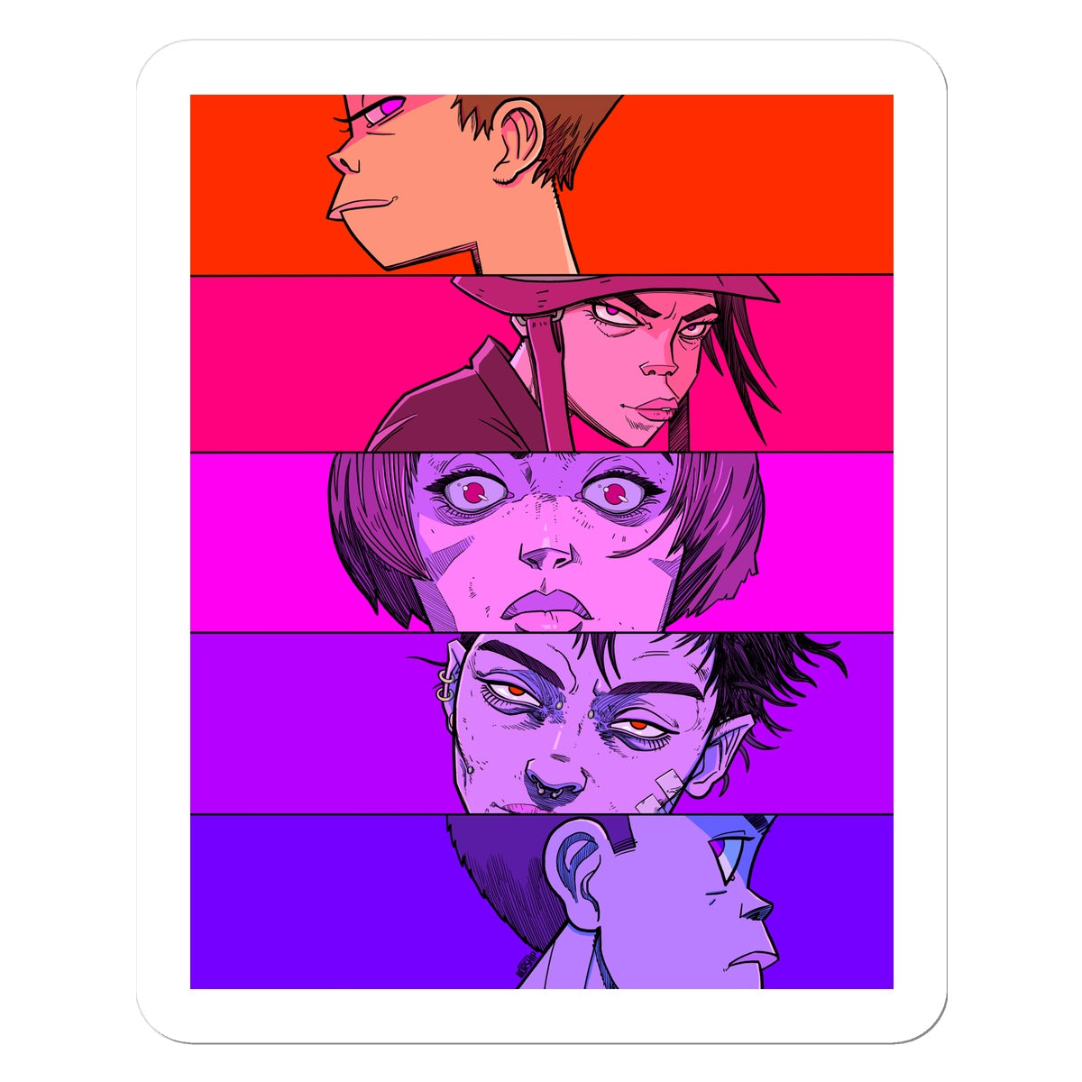 Unique and cool Gorillaz-style anime faces sticker illustration