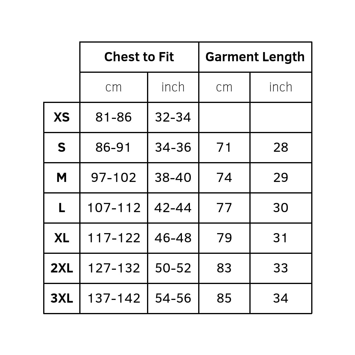 Size Chart for Shirts